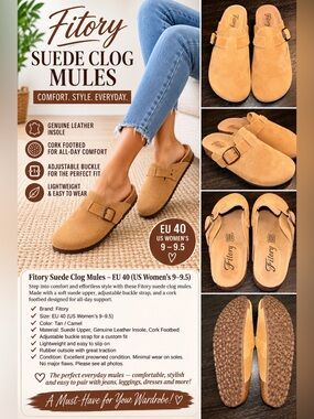 Fitory Tan Suede Clog Mules EU 40 Women’s 9–9.5